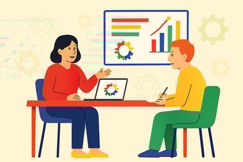 Consultant sitting at a desk with a client with MyHardWired on their computer screen Consultant sitting at a desk with a client with MyHardWired on their computer screen