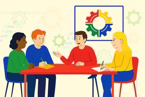 A team working at a table with smiles A team working at a table with smiles