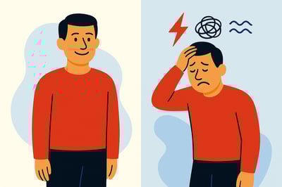 A leader shown in two contrasting states—outwardly calm and confident on one side, and stressed with tension icons on the other—illustrating how confidence fades without clarity.