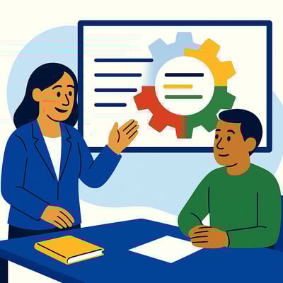 A coach and leader sit at a table reviewing a skills-to-wiring diagram, with a subtle MyHardWired four-quadrant gear in brand color order—red top-left, yellow top-right, green bottom-left, blue bottom-right—displayed on the screen behind them.