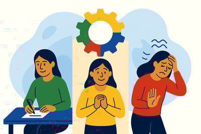 A MyHardWired-style illustration showing three versions of the same leader: one calm and effective in Preferred Mode, one tense and overly careful in Expectations Mode, and one stressed in Instinctive Mode, with a subtle four-quadrant MyHardWired gear in brand color order overhead.