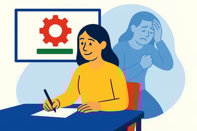 An illustration of a leader taking notes confidently during a training session, with a faded version of herself in the background showing stress and overwhelm, symbolizing the gap between learning new skills and reverting to instinctive behaviors under pressure.