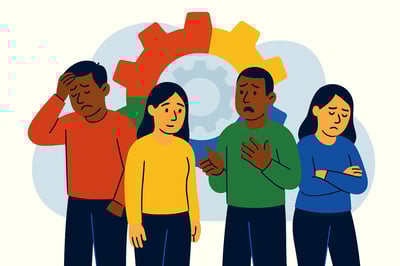 Four team members exhibit drained and stressed reactions in front of a four-color MyHardWired gear in the brand’s strict color order, illustrating behavioral energy imbalance.