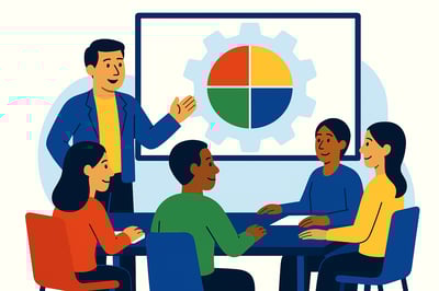 A leader presents a team behavioral map to a group of colleagues as a four-quadrant MyHardWired gear in red, yellow, green, and blue appears on the screen behind them.