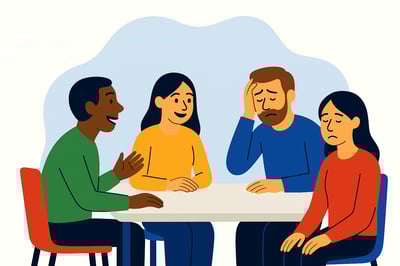 A diverse team sits around a table showing mixed energy levels—one person engaged and upbeat while others appear tired or drained—illustrating how team momentum can shift week to week.