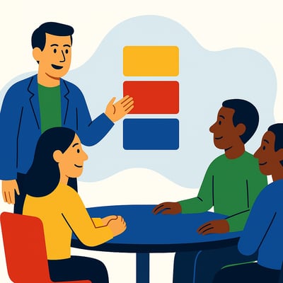 A consultant presents three abstract tiered service options on a screen to a group of clients seated around a table, illustrating value-based consulting packages in a clean, flat MyHardWired-style illustration.