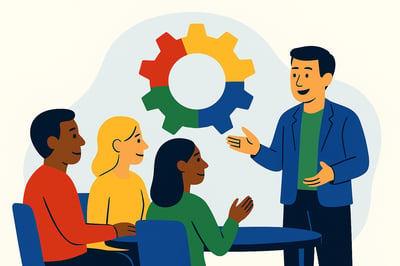 A consultant speaks with four clients representing different behavioral styles, standing together in discussion as a large MyHardWired gear appears behind them in the correct red–yellow–green–blue quadrant order.