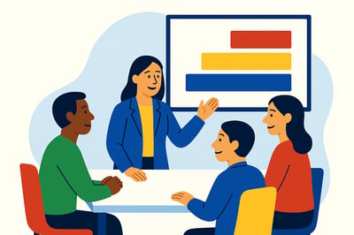 A consultant presents simple pricing tiers on a screen while meeting with clients around a table, illustrating value-based consulting in a clean, flat MyHardWired-style illustration.