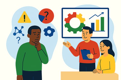 A split-style illustration showing the contrast between flawed assessment science and reliable measurement. On the left, a man looks confused surrounded by abstract warning icons and unclear data symbols. On the right, a consultant confidently presents clean charts and a four-quadrant MyHardWired gear in the correct color order—red top-left, yellow top-right, green bottom-left, blue bottom-right—while a colleague listens attentively.