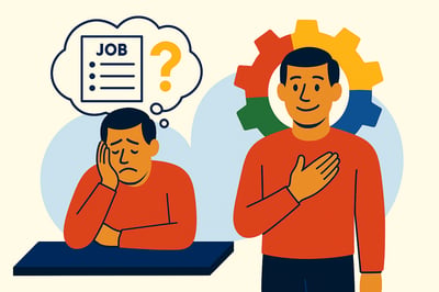 A split-scene illustration shows a man on the left slumped at a desk with a worried expression. A thought bubble above him displays a job description and a yellow question mark. On the right, the same man stands upright, smiling with his hand over his heart, backed by the colorful MyHardWired gear. The image represents the contrast between job misalignment and confident behavioral fit.