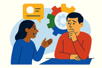 A woman in a blue top gestures as she speaks to a man in a red shirt who sits thoughtfully with his hand on his chin. Behind them, the MyHardWired gear appears in full color, and a yellow speech bubble with conversation icons floats above. The scene suggests reflection and dialogue about alignment, with soft colors and clean lines reinforcing a calm, introspective mood.