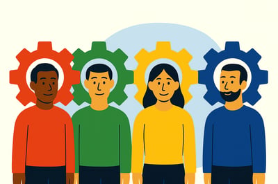 Four individuals standing side by side with colored gear shapes behind them—red, green, yellow, and blue—representing different behavioral strengths and work-style wiring.