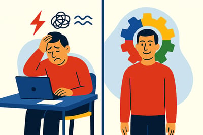A split-scene illustration of the same leader in two states: on the left, stressed and inconsistent at a desk with stress symbols overhead; on the right, calm and aligned with a MyHardWired four-quadrant gear behind him in the strict color order of red top-left, yellow top-right, green bottom-left, and blue bottom-right.