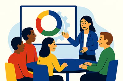 A consultant presents a circular diagram representing leadership Modes to a diverse team, with a faint MyHardWired four-quadrant gear behind it in the strict color order—red top-left, yellow top-right, green bottom-left, blue bottom-right—symbolizing clarity, alignment, and predictable behavior.