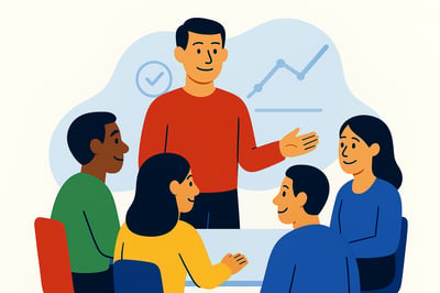A leader engages calmly with their team around a table, showing steady, predictable behavior that fosters trust, supported by soft abstract shapes in the background.