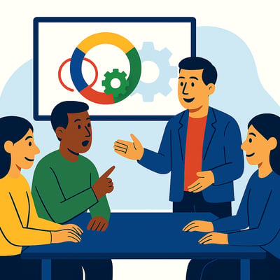 A consultant facilitates a discussion with a diverse team around a table, while a presentation screen behind them displays a MyHardWired-style diagram with a four-quadrant gear in the strict color order—red top-left, yellow top-right, green bottom-left, blue bottom-right—symbolizing behavioral patterns and conflict insights.