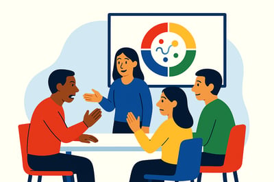 A diverse team sits around a table in a tense discussion while a circular conflict-data chart is displayed behind them. One teammate leans forward with intensity, another reacts defensively, and a third gestures to interpret the moment—illustrating that conflict reveals patterns leaders can read.