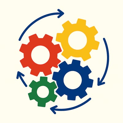 A flat illustration of four colored gears arranged together with curved arrows circling around them. The gears are red, yellow, green, and blue, shown against a light background with no text.