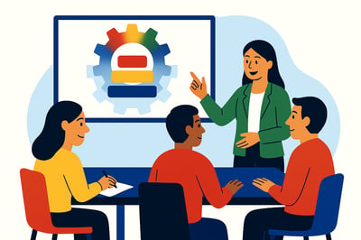 A consultant presents a structured program diagram to a group of participants seated around a table. A large MyHardWired gear in the correct color order—red top-left, yellow top-right, green bottom-left, blue bottom-right—appears behind the diagram on the screen. The group appears engaged and collaborative.