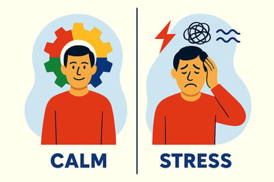 A split illustration showing the same leader in calm and stressed states. On the calm side, the leader is relaxed with a MyHardWired gear behind them in the brand’s color order—red top-left, yellow top-right, green bottom-left, blue bottom-right. On the stressed side, the leader looks tense with stress icons above their head.