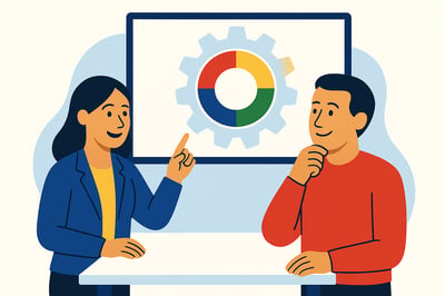 A consultant explains a circular behavioral Modes diagram to a leader, with a subtle MyHardWired gear behind it in the brand’s strict color order—red top-left, yellow top-right, green bottom-left, blue bottom-right. The leader listens thoughtfully.