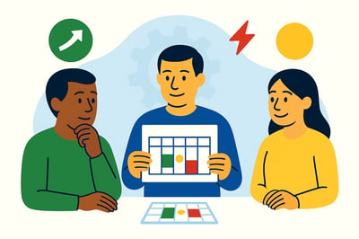 A small group of three colleagues sits together reflecting on their weekly schedules. The person in the center holds up a simple weekly calendar with green, yellow, and red blocks representing energizing, neutral, and draining tasks. The colleague on the left rests his hand on his chin thoughtfully, while the colleague on the right smiles supportively. Above them float three icons—a green upward arrow, a red zig-zag symbol, and a yellow circle—symbolizing different energy levels. A soft pastel-blue abstract shape and a faint MyHardWired gear watermark sit behind the group, all in the clean flat MyHardWired visual style.