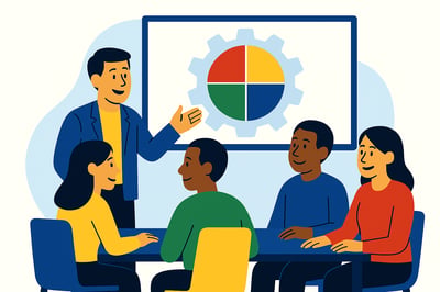 A consultant presents a circular four-color behavior model to a small group seated around a table. The diagram includes a gear behind the circle using the MyHardWired color order: red top-left, yellow top-right, green bottom-left, blue bottom-right. The group looks engaged and collaborative.