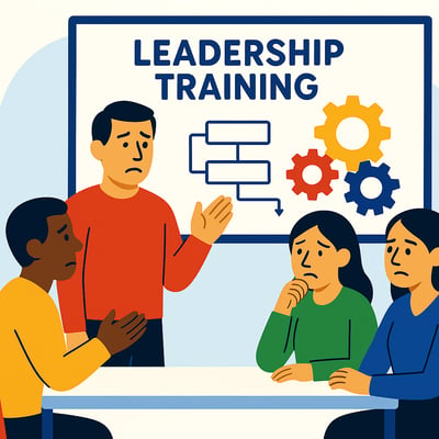 A diverse group of colleagues sits around a table looking confused as a facilitator presents generic leadership training content on a screen, including a simple flowchart. One participant holds a binder with raised question marks overhead, highlighting their uncertainty.