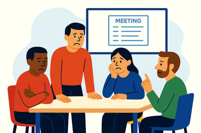 A diverse team sits around a conference table looking frustrated during a stalled meeting, with a simple agenda outline shown on the whiteboard behind them.