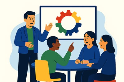 A consultant presents a simple behavior framework to three clients seated around a table, with a four-quadrant MyHardWired gear in red, yellow, green, and blue displayed on the screen behind them. The group appears engaged and collaborative, reflecting a diagnostic-style discussion.