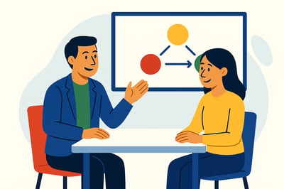 A consultant and a client sit across a small table having their first conversation, with a simple abstract flowchart displayed on a screen behind them. Both appear engaged and thoughtful, representing the start of a behavior-focused discovery discussion.