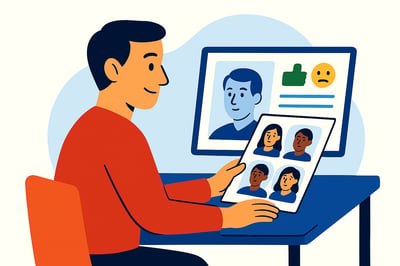 A leader reviews a 360-degree feedback report, comparing their own positive self-view with mixed reactions from colleagues in the background, illustrated in a clean, flat MyHardWired style.