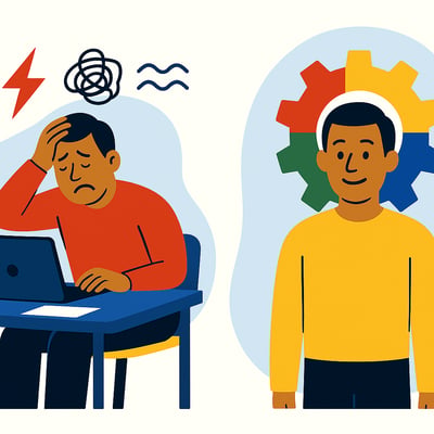 A split-scene illustration showing the same person under two conditions: stressed at a desk with frustration symbols above their head, and calm and confident on the right with the MyHardWired gear behind them in the brand’s strict color order—red top-left, yellow top-right, green bottom-left, blue bottom-right.