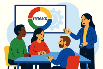 A consultant stands leading a feedback discussion with three colleagues seated around a table, while a presentation screen behind them shows the four-quadrant MyHardWired gear in the strict color order—red top-left, yellow top-right, green bottom-left, blue bottom-right. The group appears collaborative and engaged.