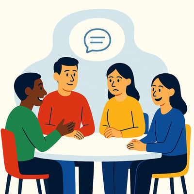 A diverse group of four colleagues sit around a table engaged in a feedback conversation, each showing a different listening posture, with a simple speech bubble icon above them suggesting communication.