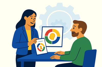 A consultant and client sit together reviewing a behavioral wiring diagram, with a subtle four-quadrant MyHardWired gear in the background in the correct color order: red top-left, yellow top-right, green bottom-left, and blue bottom-right.