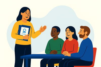 A certified consultant stands confidently while presenting materials to three engaged clients seated at a table, symbolizing certification as the starting point of applied expertise.