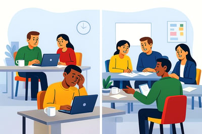 A split-scene illustration comparing a misaligned hire struggling at work while teammates look concerned on the left, with a well-aligned, collaborative team working smoothly together on the right, showing the impact of behavioral fit on team dynamics.