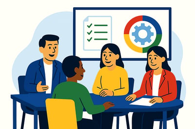 A hiring panel meets with a candidate at a table while a presentation screen displays a skills checklist alongside a circular diagram backed by a subtle MyHardWired gear in the strict color order—red top-left, yellow top-right, green bottom-left, blue bottom-right—illustrating how behavior and skills are evaluated together.