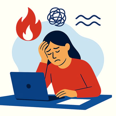 A leader sits at a desk looking overwhelmed and drained, with stress icons above her head including a flame, a scribble, and wavy lines, illustrating early behavioral signs of burnout.