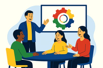 A consultant presents a circular behavior diagram while a MyHardWired four-quadrant gear in red, yellow, green, and blue appears behind it. Three leaders sit around a table engaged in discussion, illustrating guidance and realignment before burnout.