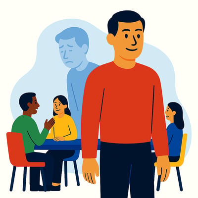 A leader appears confident on the outside while a faint shadow behind him shows exhaustion, illustrating hidden burnout. Nearby, coworkers talk at a table, unaware of his internal strain. The scene uses a clean, flat MyHardWired-style illustration.