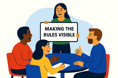 A diverse team sits around a table while a facilitator points to a “Rules of Engagement” board with checkmarks, symbolizing the process of making unspoken team norms visible and explicit.