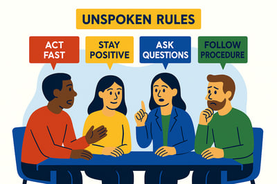 Illustration comparing unspoken team norms with explicit ones. On the left, a cloud with crossed-out lines represents invisible assumptions. On the right, a clear checklist with a checkmark represents explicit agreements that create clarity.