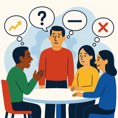 A diverse team sits around a table with different thought bubbles above their heads, symbolizing unspoken and conflicting team norms. Their confused expressions reflect how invisible rules can create misalignment.