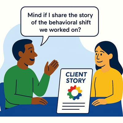 A consultant and client sit together reviewing a document labeled “Client Story” featuring a subtle MyHardWired gear icon, illustrating the process of crafting behavior-based stories in a clean, flat MyHardWired-style design.