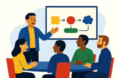 A consultant presents a simple story flow diagram to a small group of executives seated around a table, illustrating the shift from outcome-based storytelling to behavior-based storytelling in a clean, flat MyHardWired-style illustration.