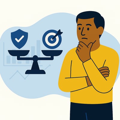 A leader thoughtfully evaluates a balanced scale with icons representing reliability and validity, symbolizing the need for both in strong psychometric tools, illustrated in a clean, flat MyHardWired visual style.