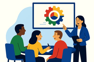 A consultant presents a circular behavioral model displayed on a screen, layered over a four-quadrant MyHardWired gear in the strict color order—red top-left, yellow top-right, green bottom-left, blue bottom-right—while a small group of leaders sits around a table discussing the data.
