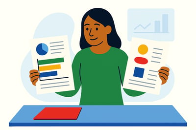A professional reviews two different assessment reports side by side—one simple and abstract, the other structured and data-driven—illustrated in a flat MyHardWired style to highlight the contrast between rigorous and superficial measurement tools.